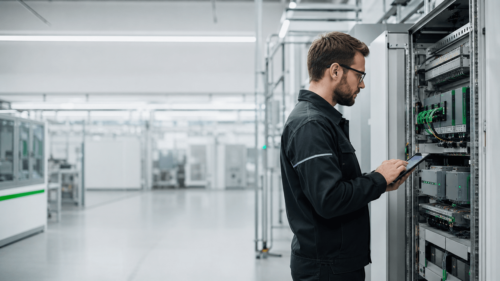 Technician inspecting an industrial automation control cabinet