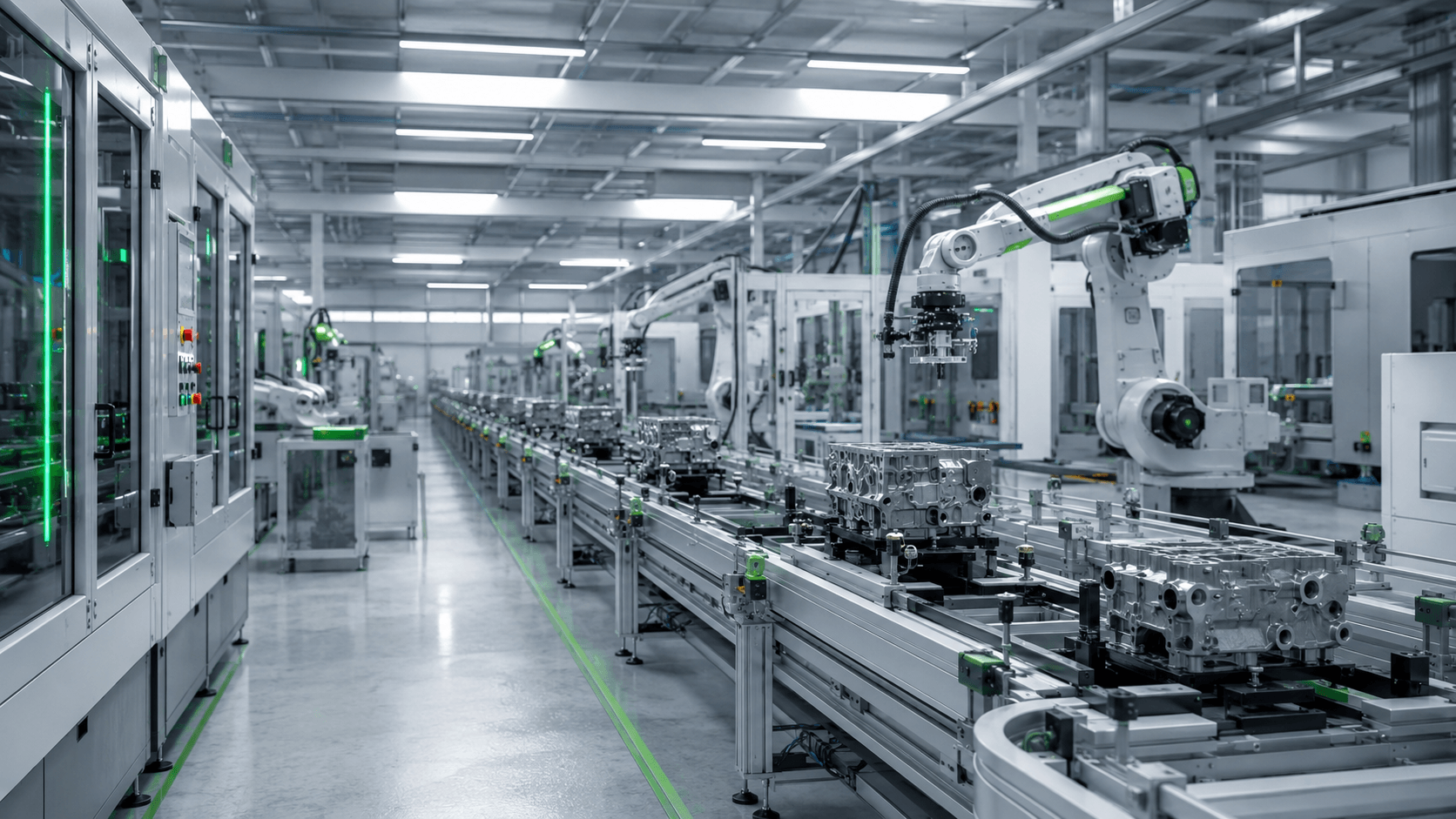 Automated industrial production line with robotics and control systems